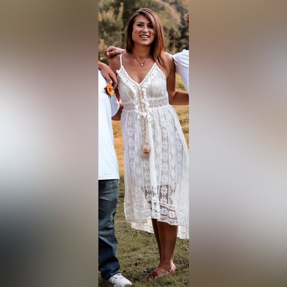 Summer Dress V Neck Spaghetti Strap Sleeveless High Waist A Boho White - Picture 7 of 7